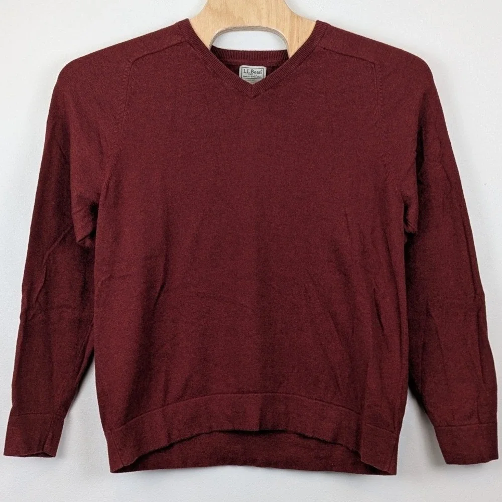 LL Bean Mens V-Neck Sweater Large Burgundy Cotton Cashmere Blend 262856